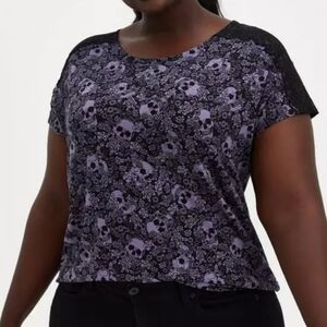 Torrid Relaxed Super Soft Crew Neck Lace Inset Dolman Tee Purple Black Skulls 5X